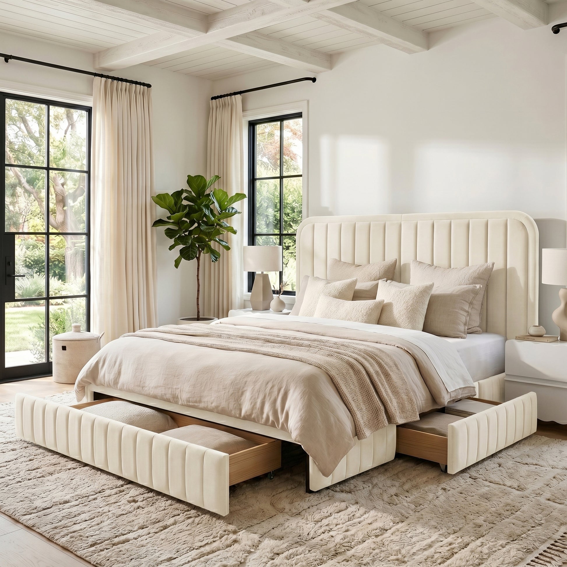 Upholstered bed with vertical channel headboard and under-bed storage in styled bedroom setting