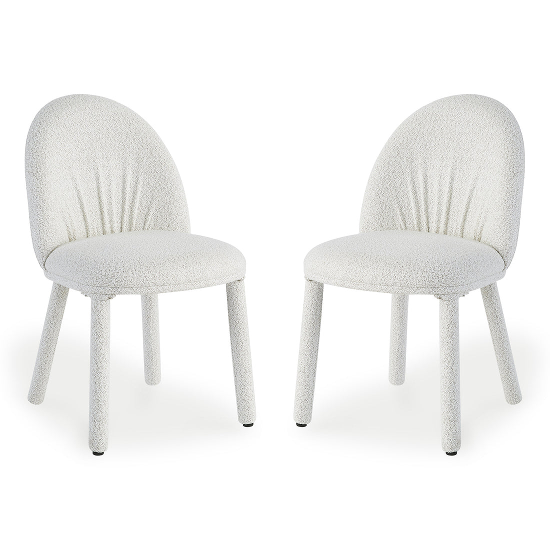 Joren Boucle Arched Dining Chair Set of 2 in Cream, featuring nubby fabric upholstery, oval backrest, round seat, and four cylindrical legs, offering a modern, supportive design ideal for stylish dining spaces.