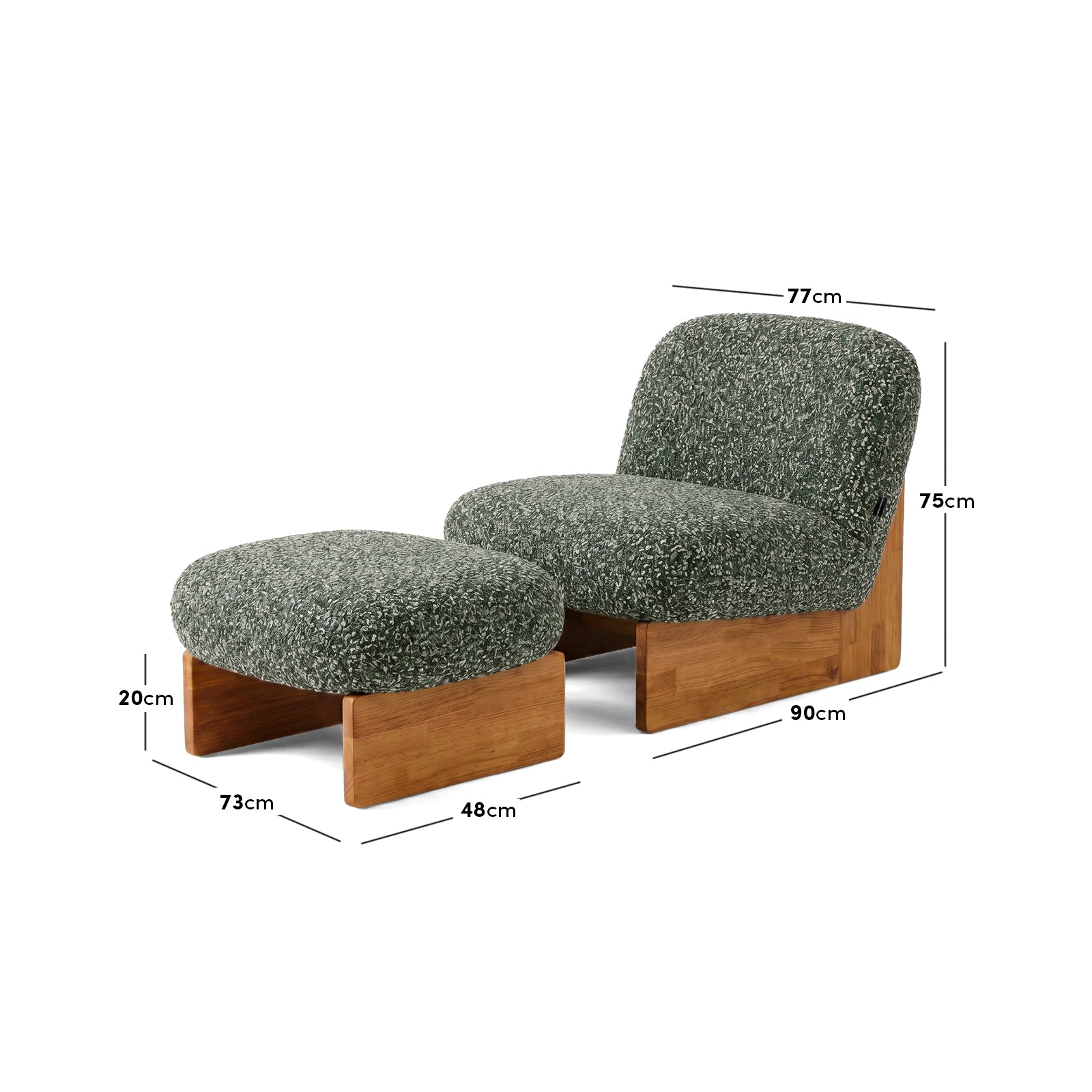 Green lounge chair and ottoman with dimensions overlay