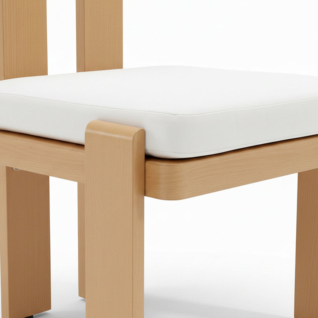 Close-up of the Positano 6 Seater Aluminium Outdoor Dining Set in White, highlighting the light-wood chair's squared wooden legs and frame, topped with a simple white cushion for stylish outdoor comfort.