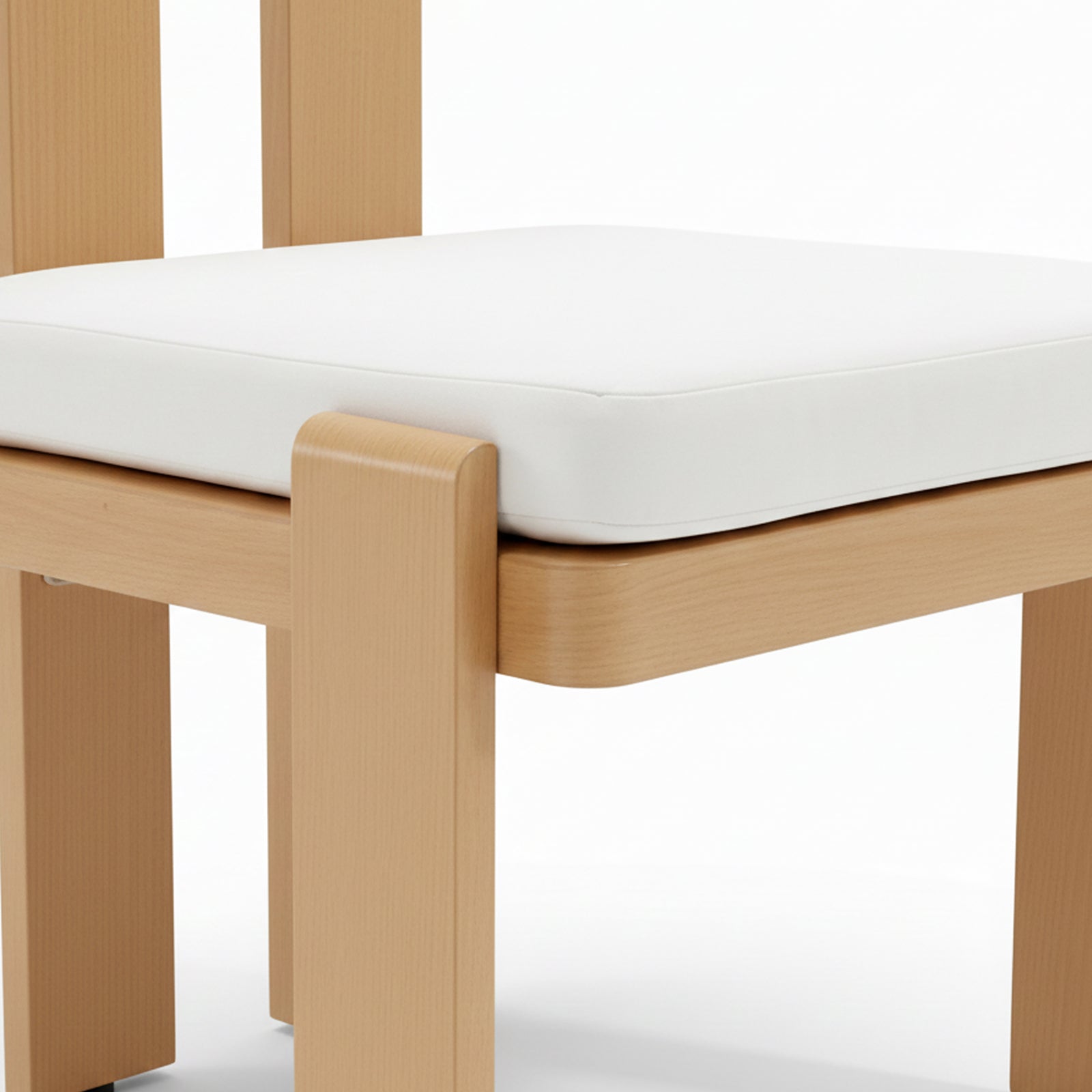 Close-up of the Positano 6 Seater Aluminium Outdoor Dining Set in White, highlighting the light-wood chair's squared wooden legs and frame, topped with a simple white cushion for stylish outdoor comfort.