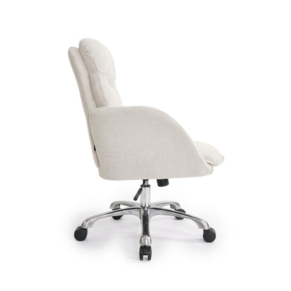 Side profile of a beige upholstered office chair on a white background