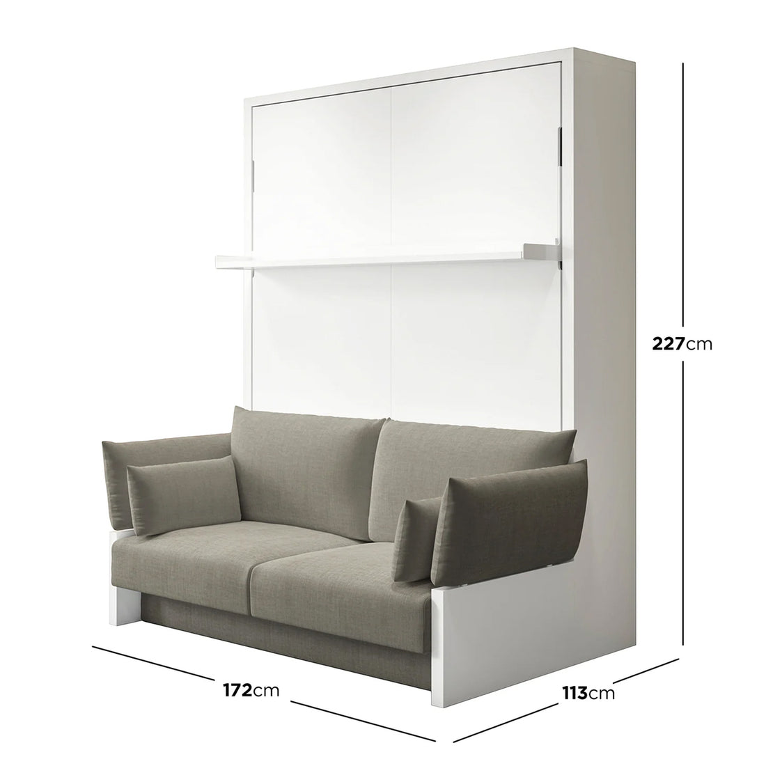 Byron Queen Murphy Bed with Mattress in White & Grey, featuring a tall cabinet with fold-down bed, built-in gray upholstered sofa, and a pull-out shelf, ideal for space-saving functionality.