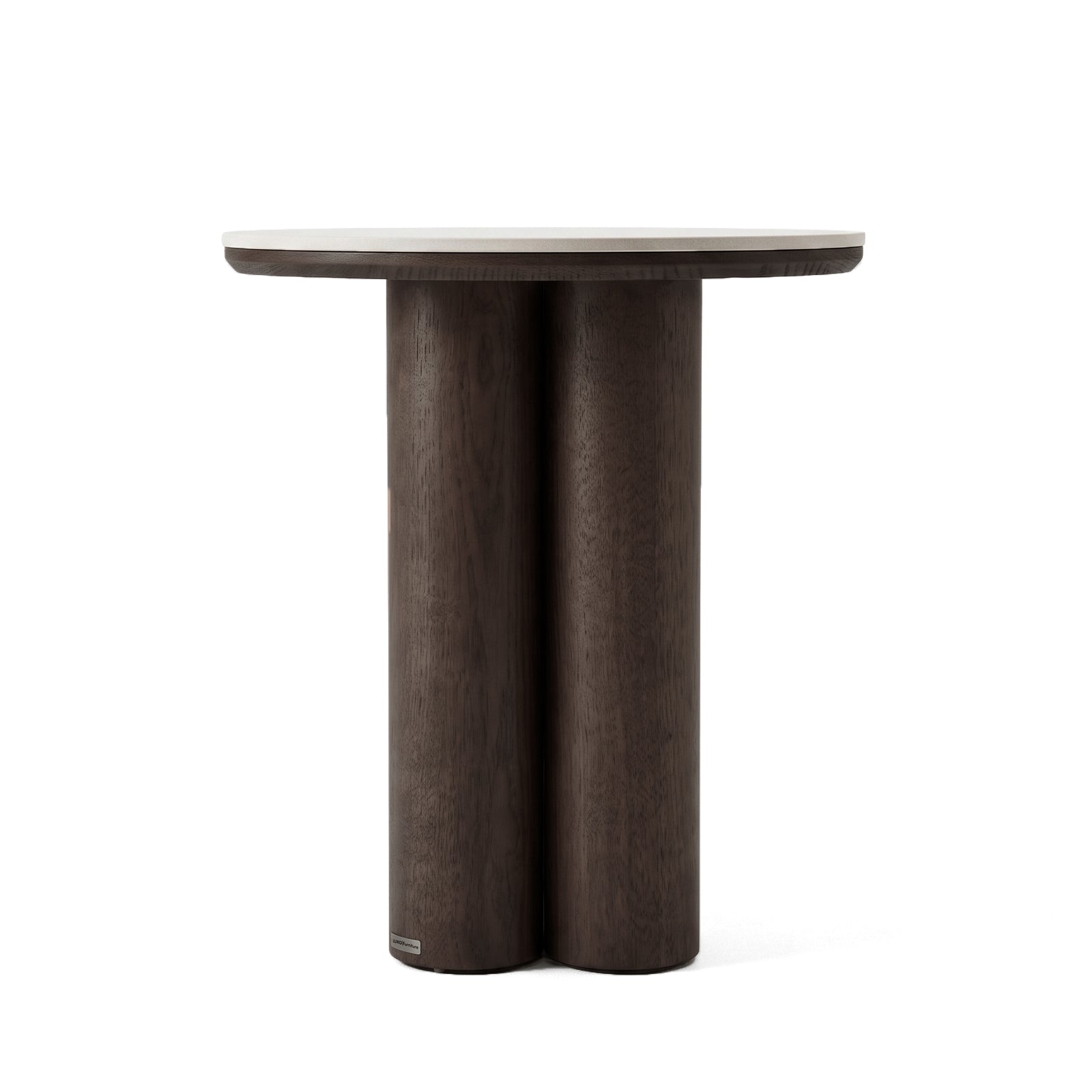 Cylindrical wooden side table with round top on a white background