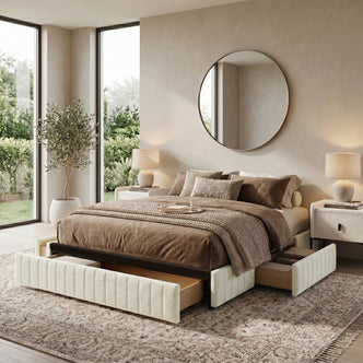 Stylish bedroom scene with upholstered bed and open storage drawers in natural light