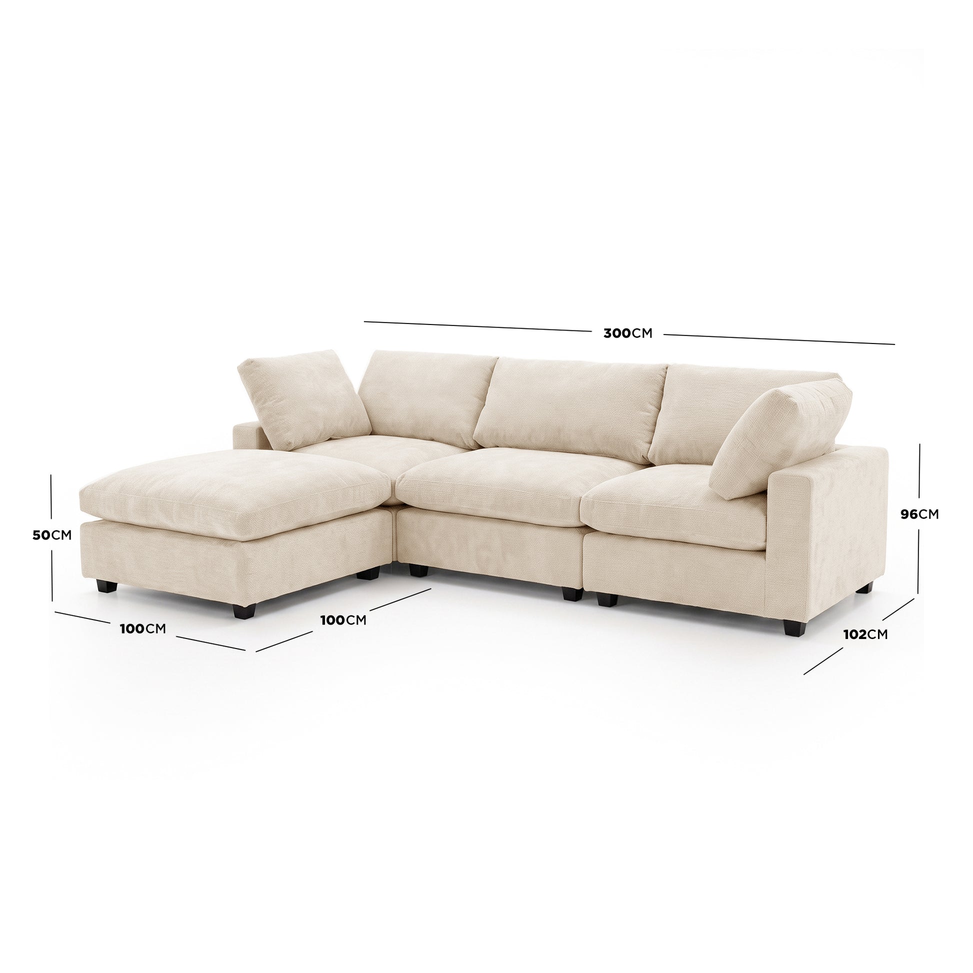 Beige sectional sofa with dimension measurements on a white background