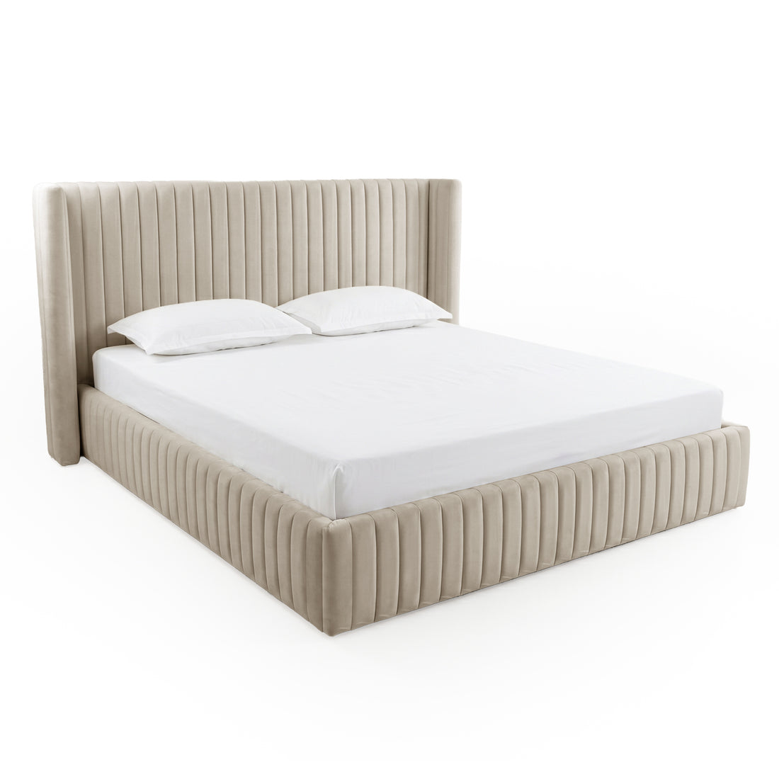 Beige upholstered king bed front view with mattress and pillows on white background