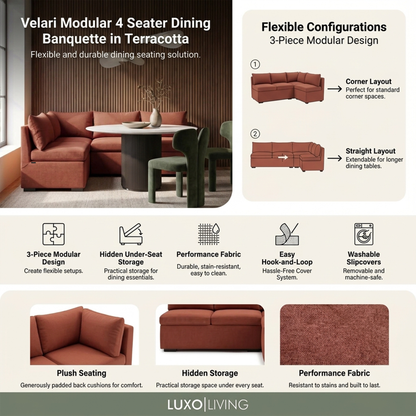 Terracotta modular dining banquette shown in a styled room with feature diagrams