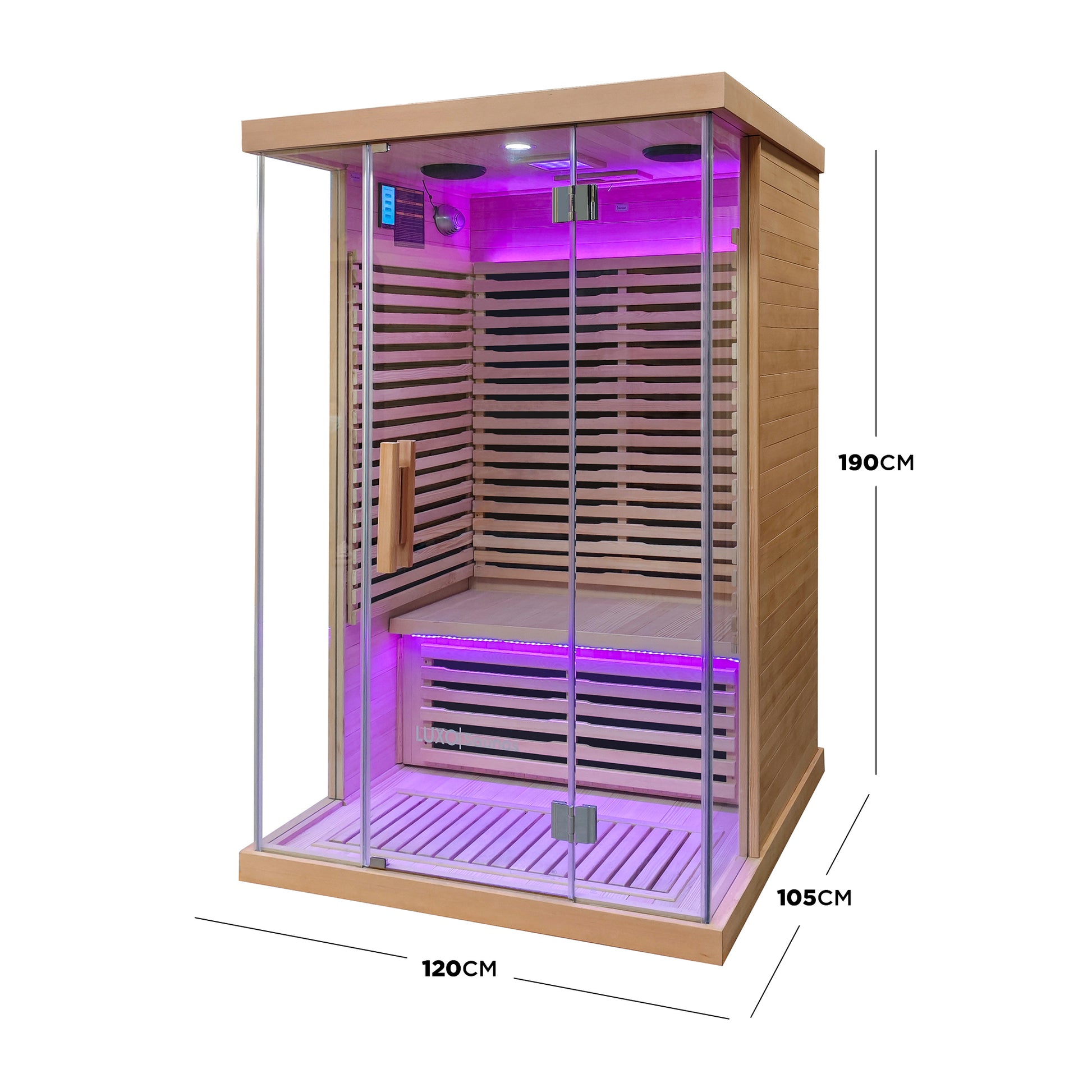 Front view of a wooden sauna on a white background with dimensions shown.