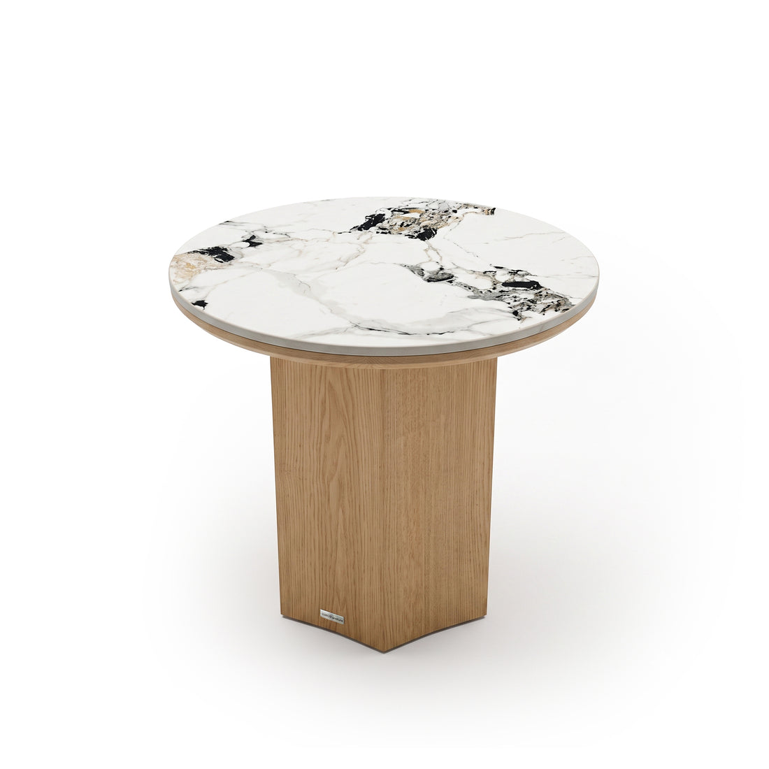 Round table with a white marble-style top and vertical wood-textured base on a white background.