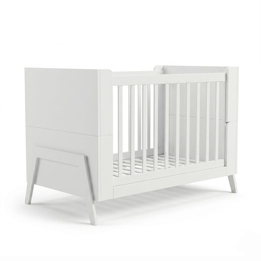 White crib on white background full view with angular legs