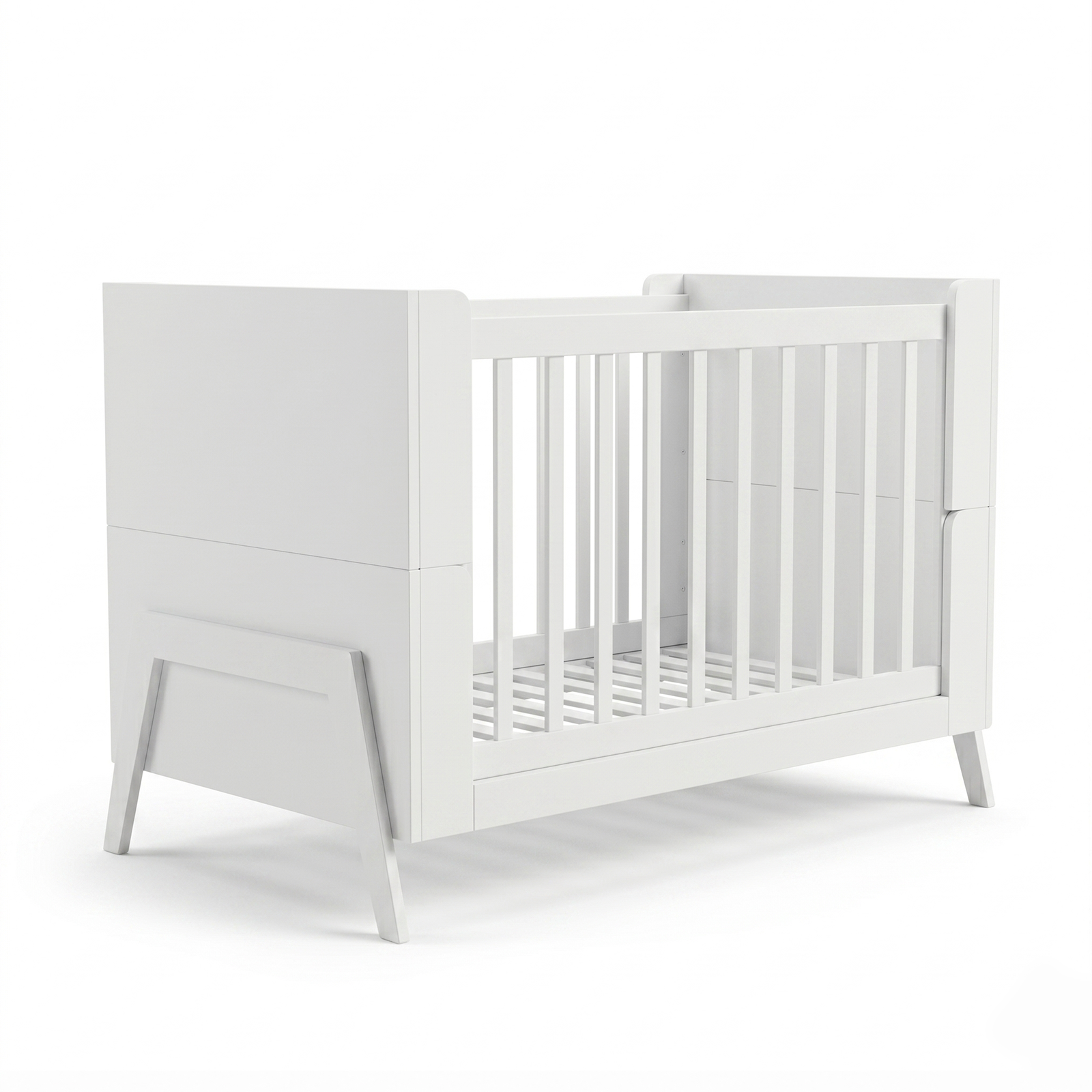 White crib on white background full view with angular legs
