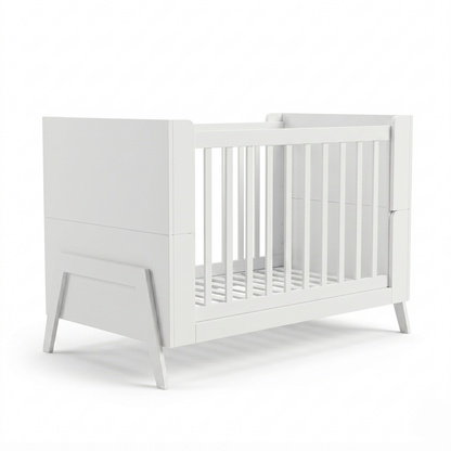 White crib on white background full view with angular legs