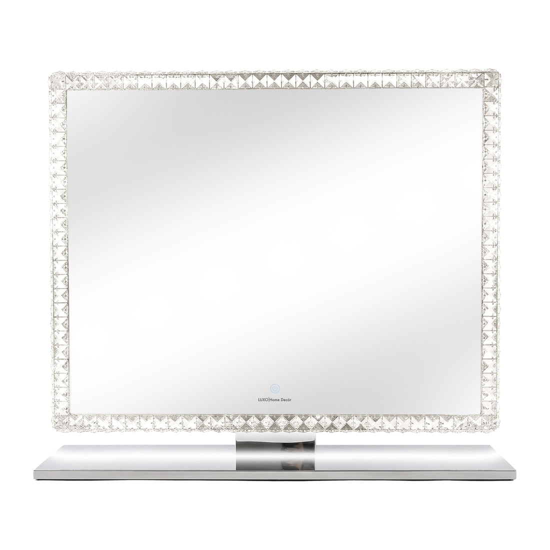 Square tabletop mirror with crystal-encrusted frame on white background