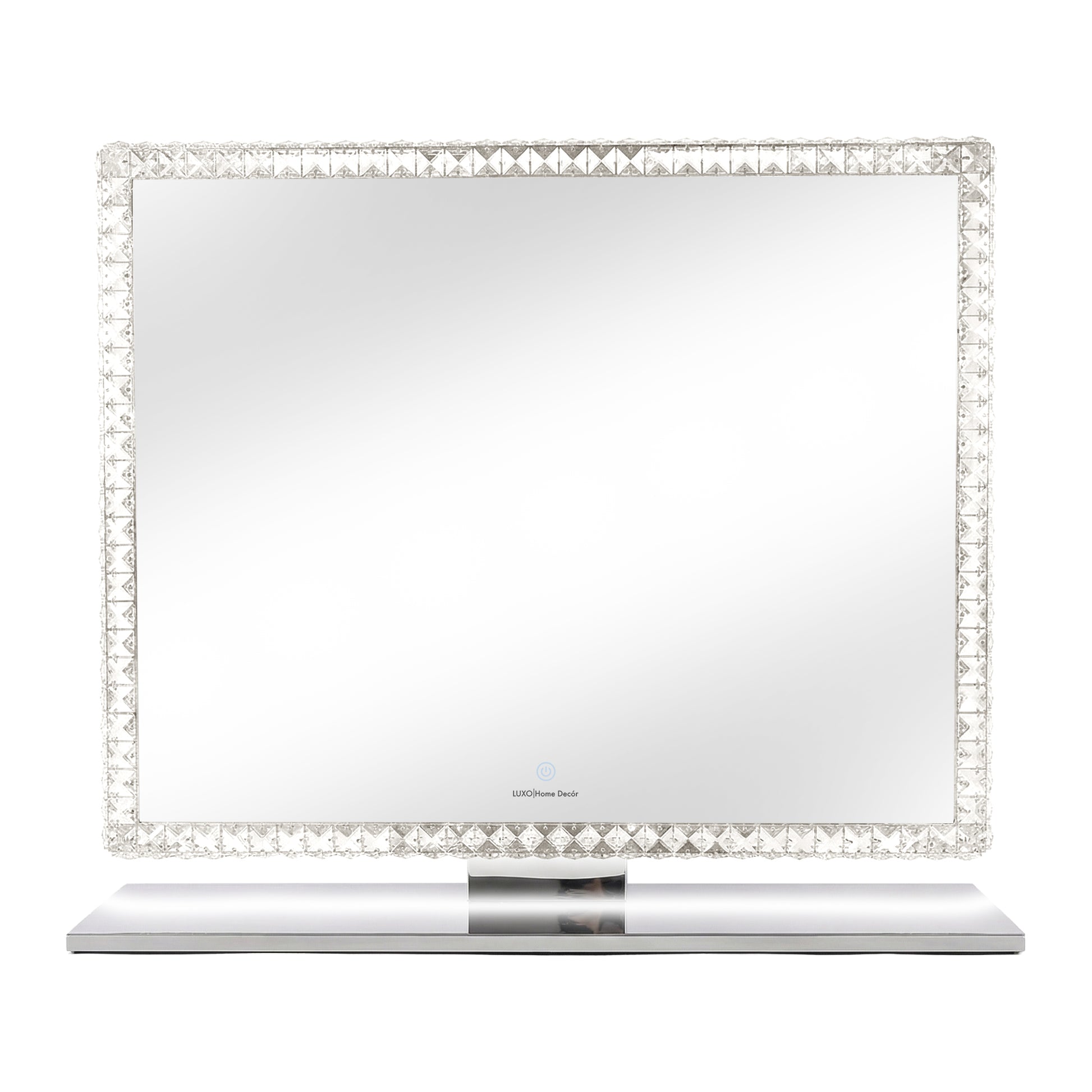 Square tabletop mirror with crystal-encrusted frame on white background