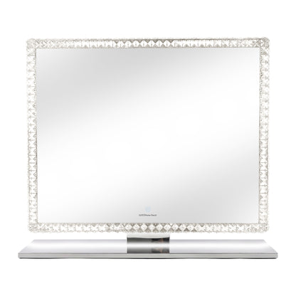 Square tabletop mirror with crystal-encrusted frame on white background