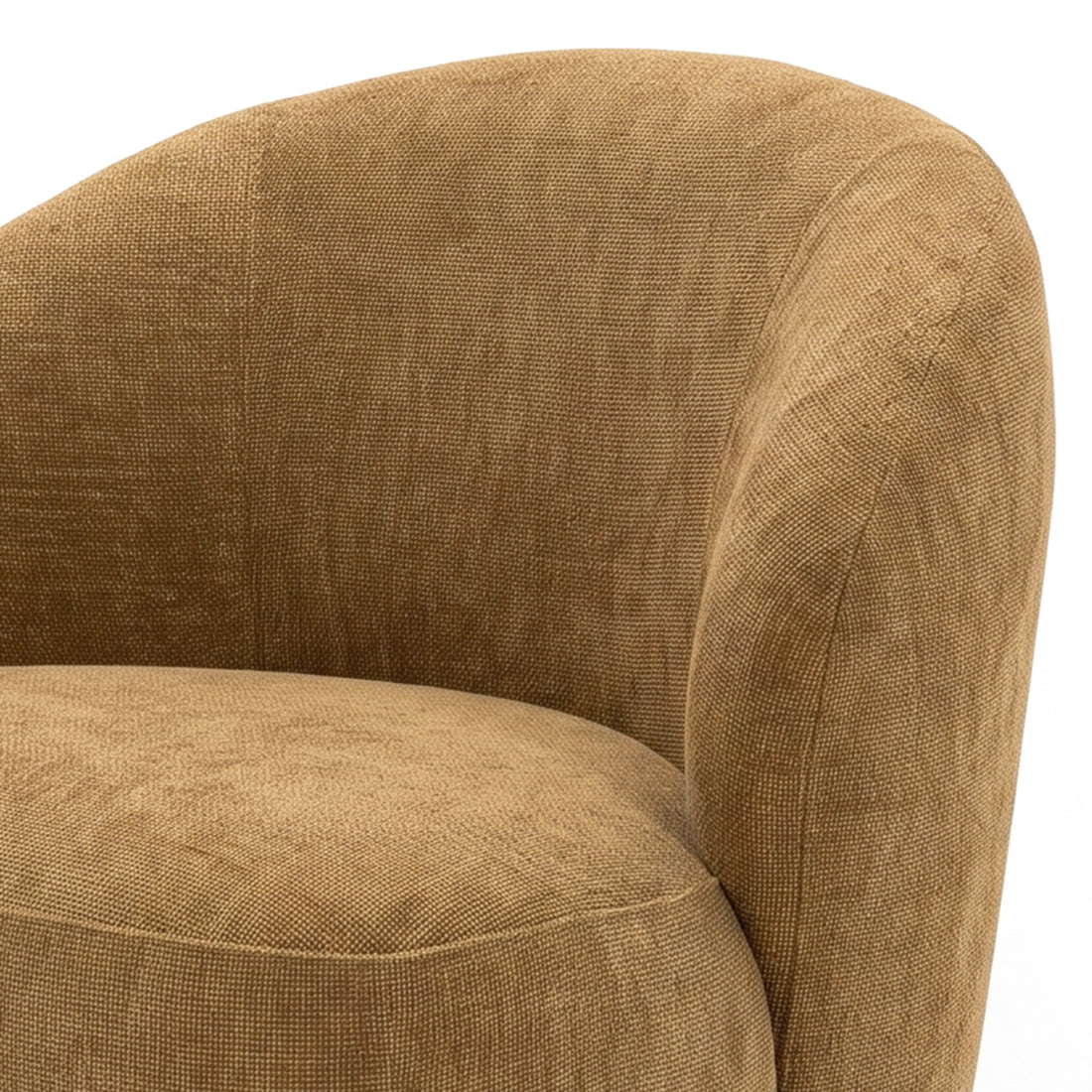 Close-up of the upper portion of a mustard gold barrel-back chair on a white background.