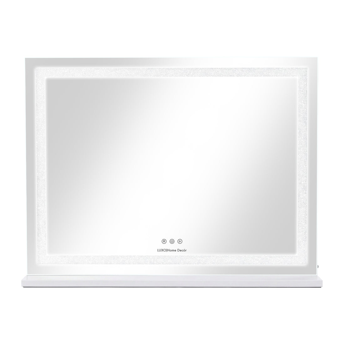 Rectangular illuminated vanity mirror with white frame and touch controls on white background