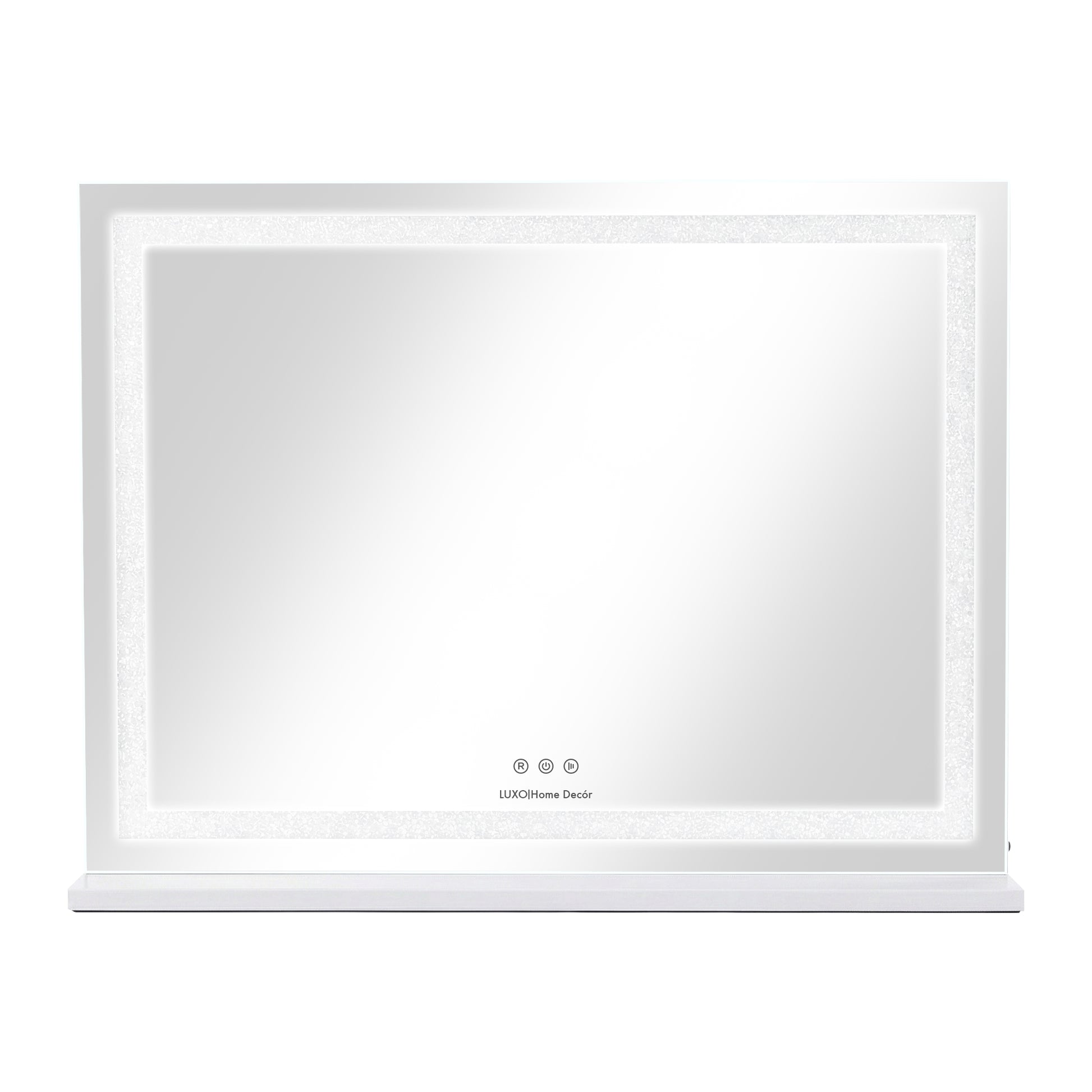 Rectangular illuminated vanity mirror with white frame and touch controls on white background