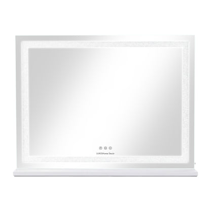 Rectangular illuminated vanity mirror with white frame and touch controls on white background