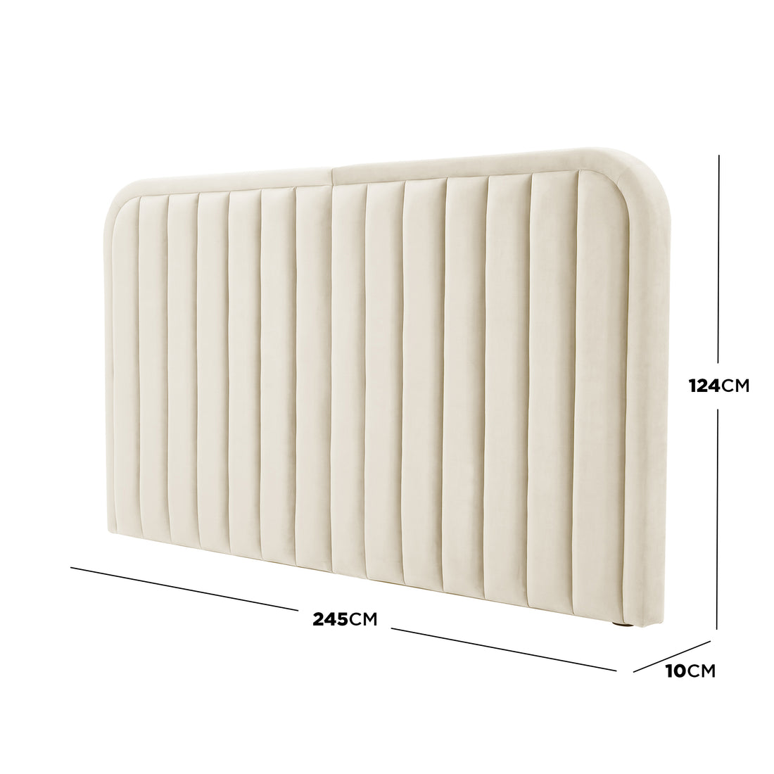 Headboard with dimensions 245 cm width, 124 cm height, and 10 cm thickness