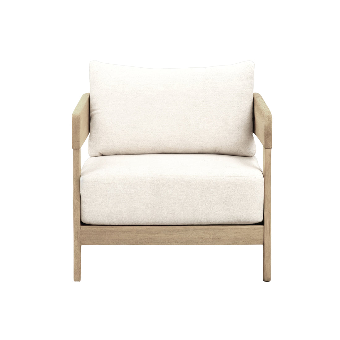 Elani 5 Seater Acacia Hardwood Outdoor Sofa Set in Cream features a single-seat armchair with a light wood frame and plush cushions, exemplifying modern comfort and natural elegance for outdoor lounging.