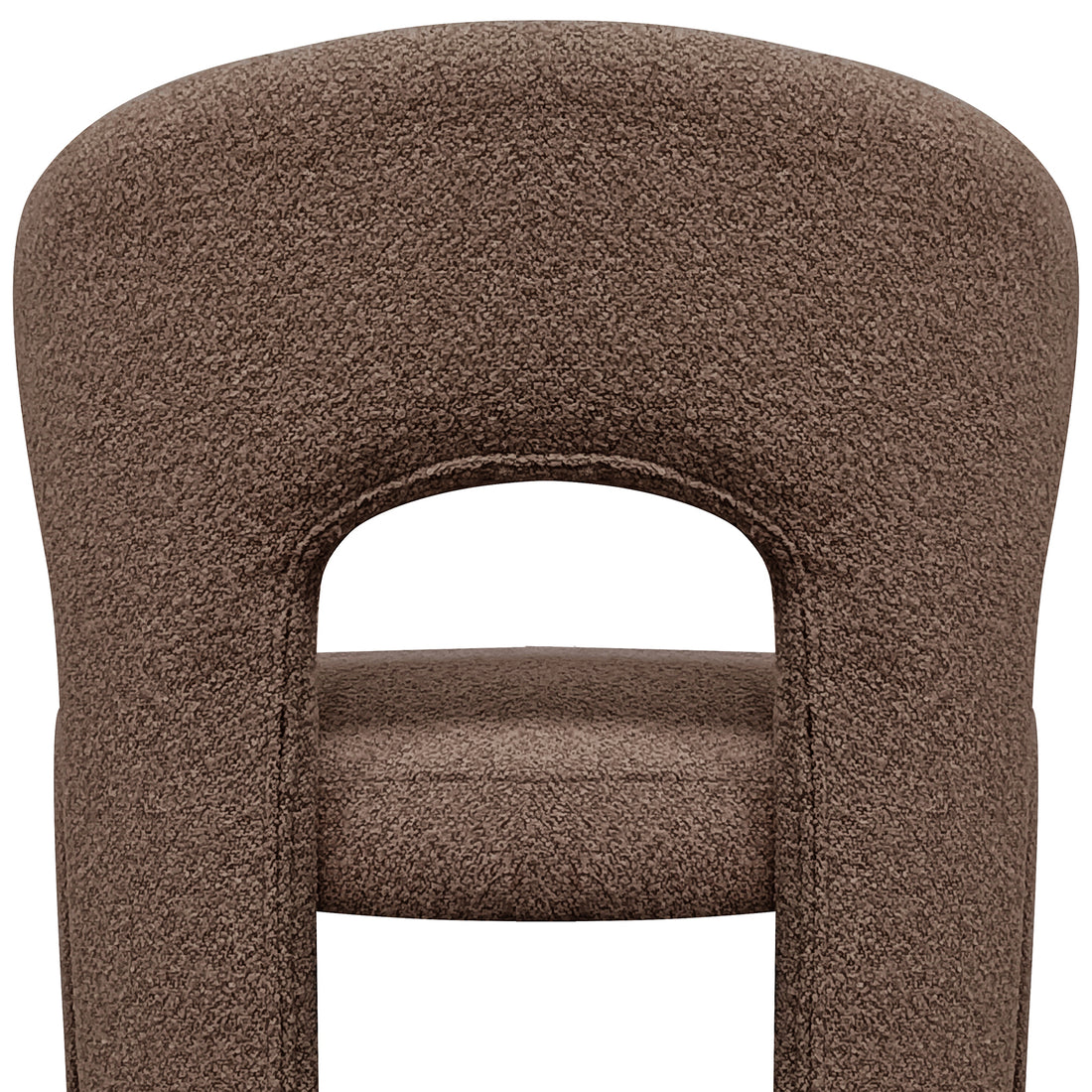 Lunari Bouclé Curved Accent Chair in Brown features a textured fabric, rounded backrest with cut-out, and padded seat, embodying comfort and style for modern spaces.