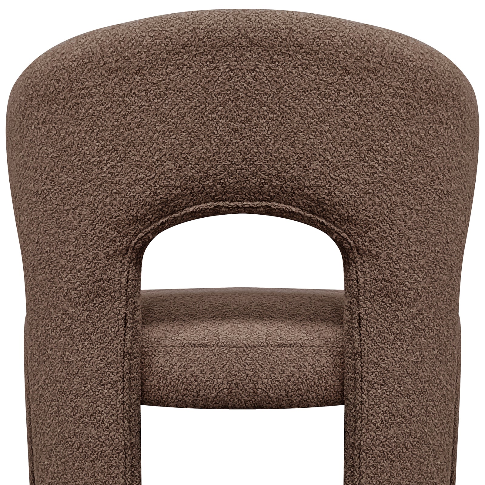 Lunari Bouclé Curved Accent Chair in Brown features a textured fabric, rounded backrest with cut-out, and padded seat, embodying comfort and style for modern spaces.