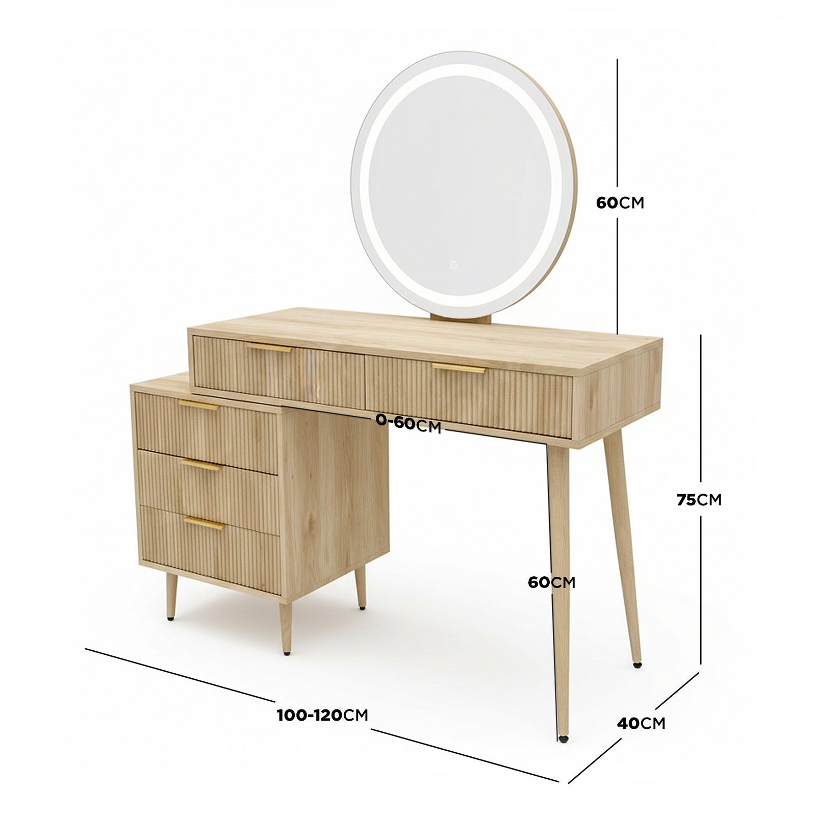 Serenity Dressing Table with Touch Screen Mirror in Natural, featuring a light-wood finish, fluted-front drawers, gold-tone handles, LED circular mirror, tapered legs, and ample storage with five drawers.