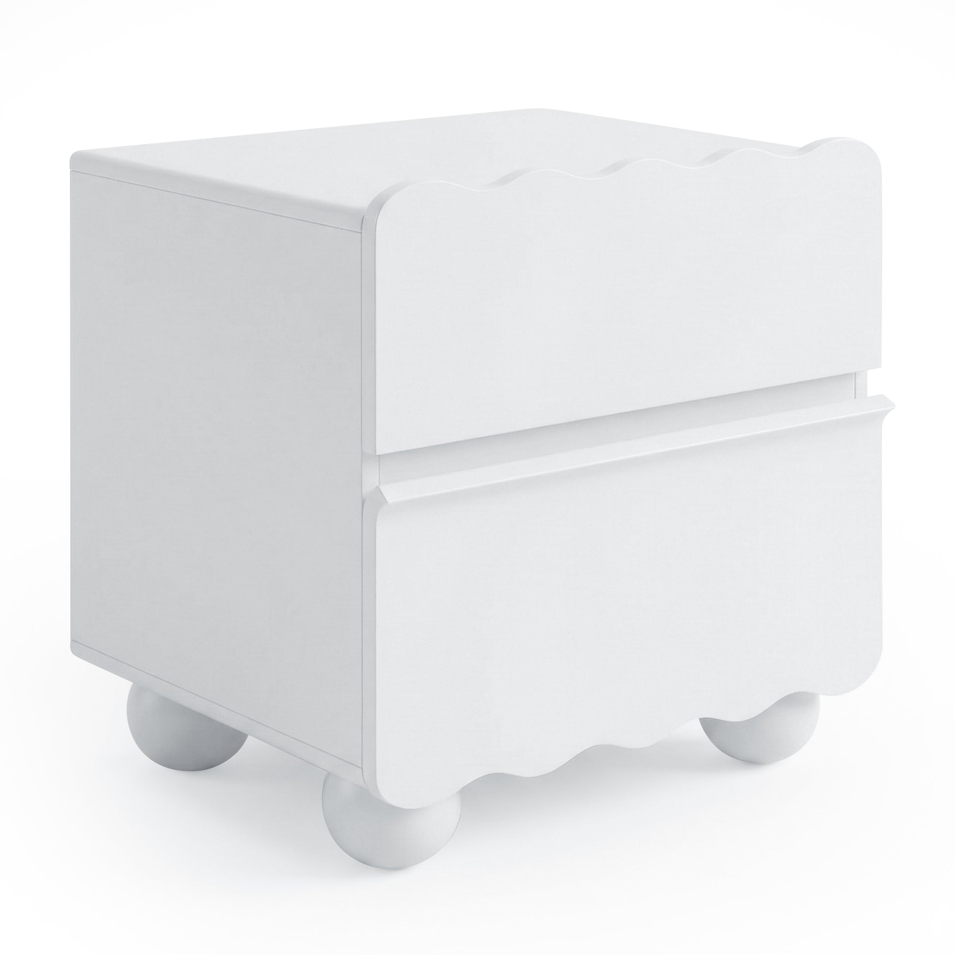 White nightstand with wavy drawer edges and ball feet on white background