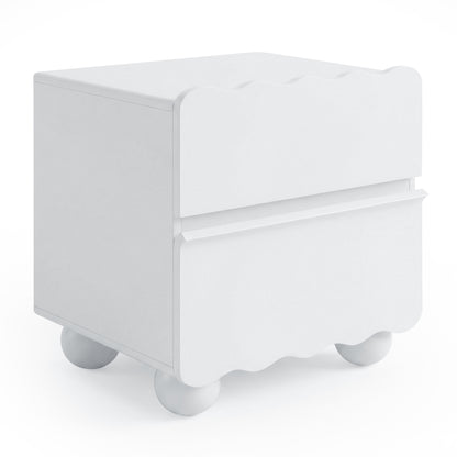 White nightstand with wavy drawer edges and ball feet on white background