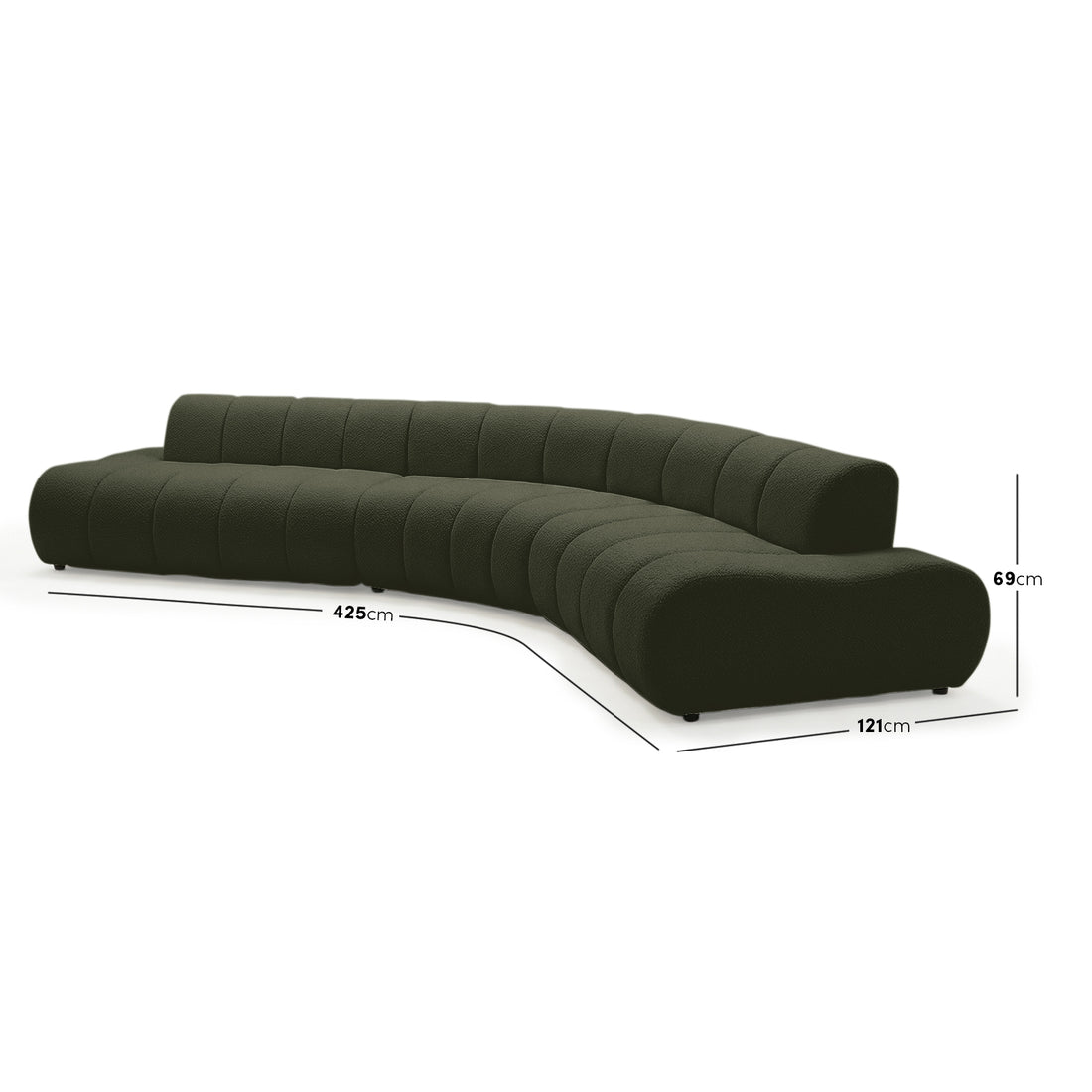 Curved sectional sofa on white background with dimension labels
