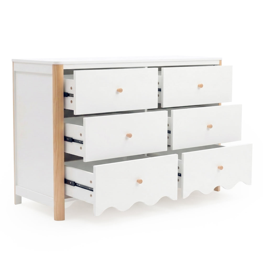 White six-drawer dresser with natural wood accents and partially open drawers on white background