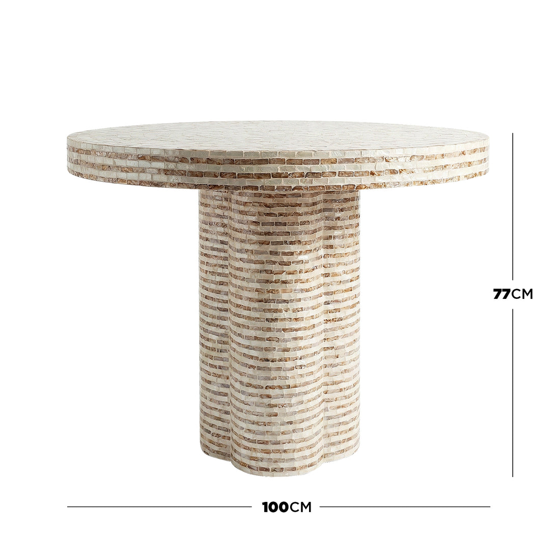 Round pedestal dining table with labeled dimensions on white background