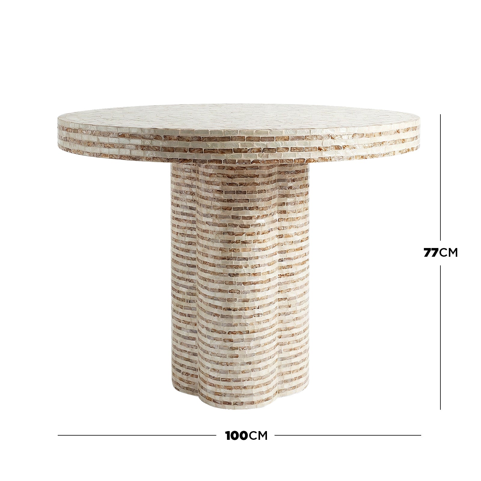 Round pedestal dining table with labeled dimensions on white background