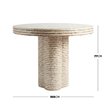Round pedestal dining table with labeled dimensions on white background