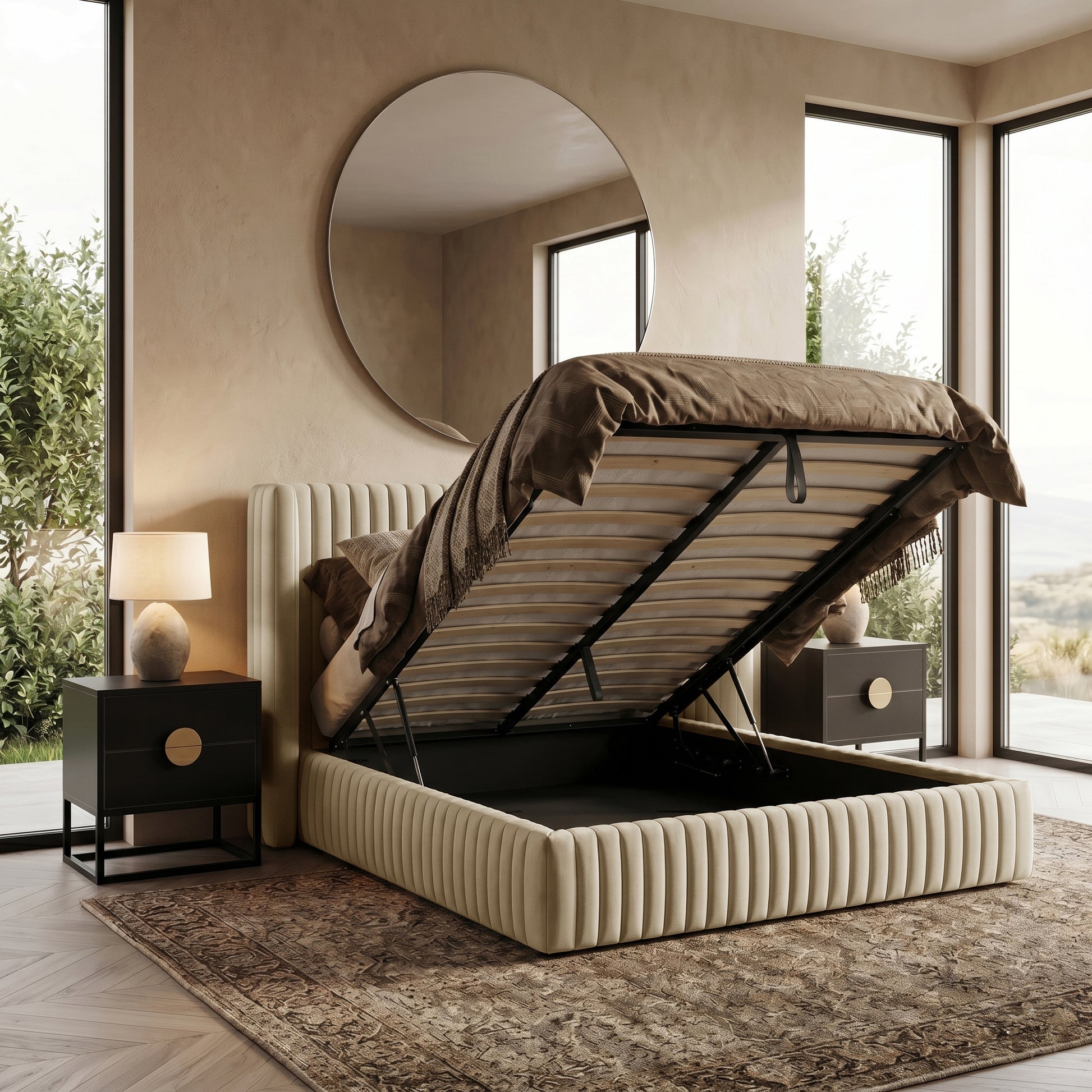Beige upholstered bed with open storage base in a styled bedroom