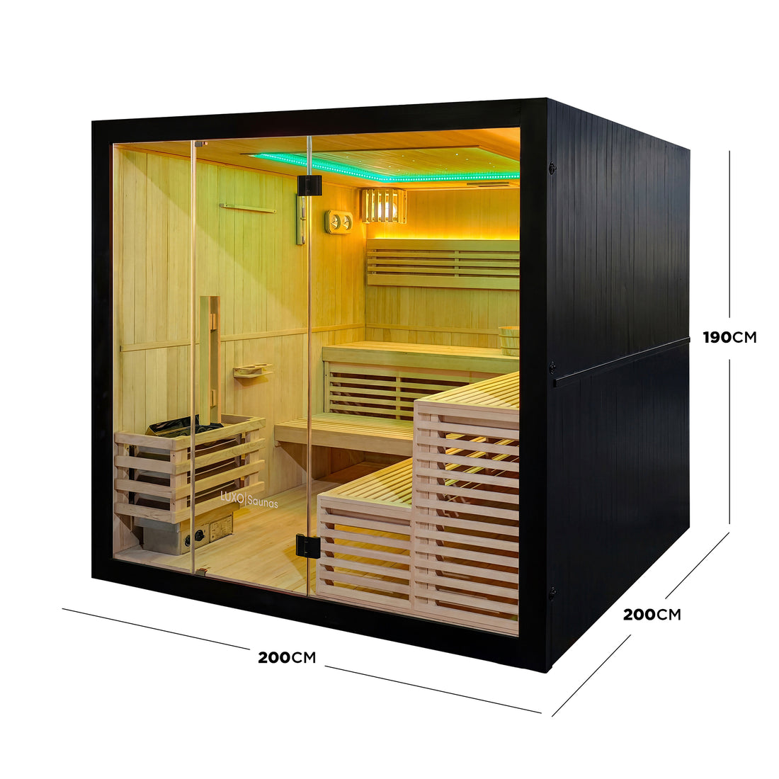 Full sauna cabin with dimensions labeled 200CM by 200CM by 190CM