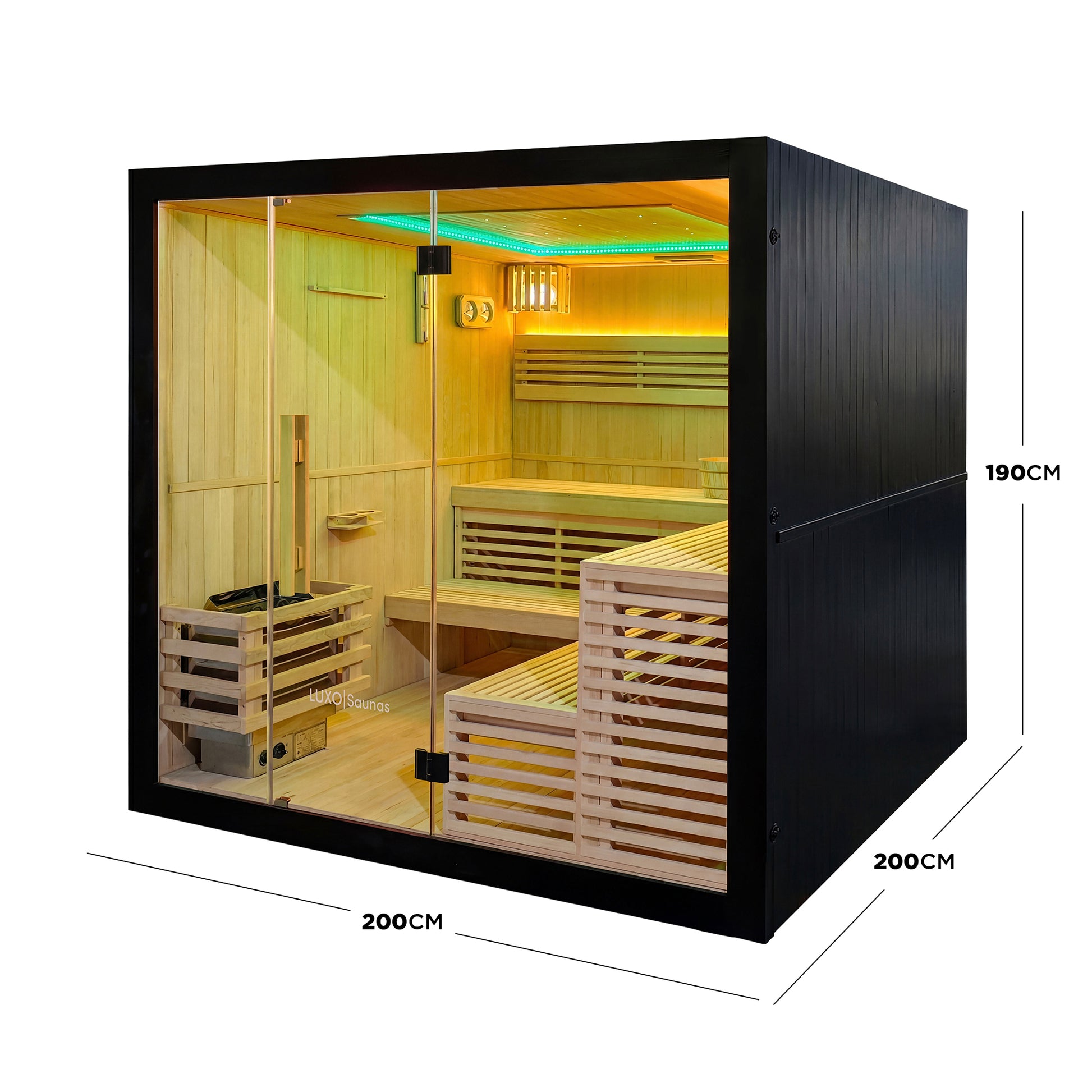 Full sauna cabin with dimensions labeled 200CM by 200CM by 190CM