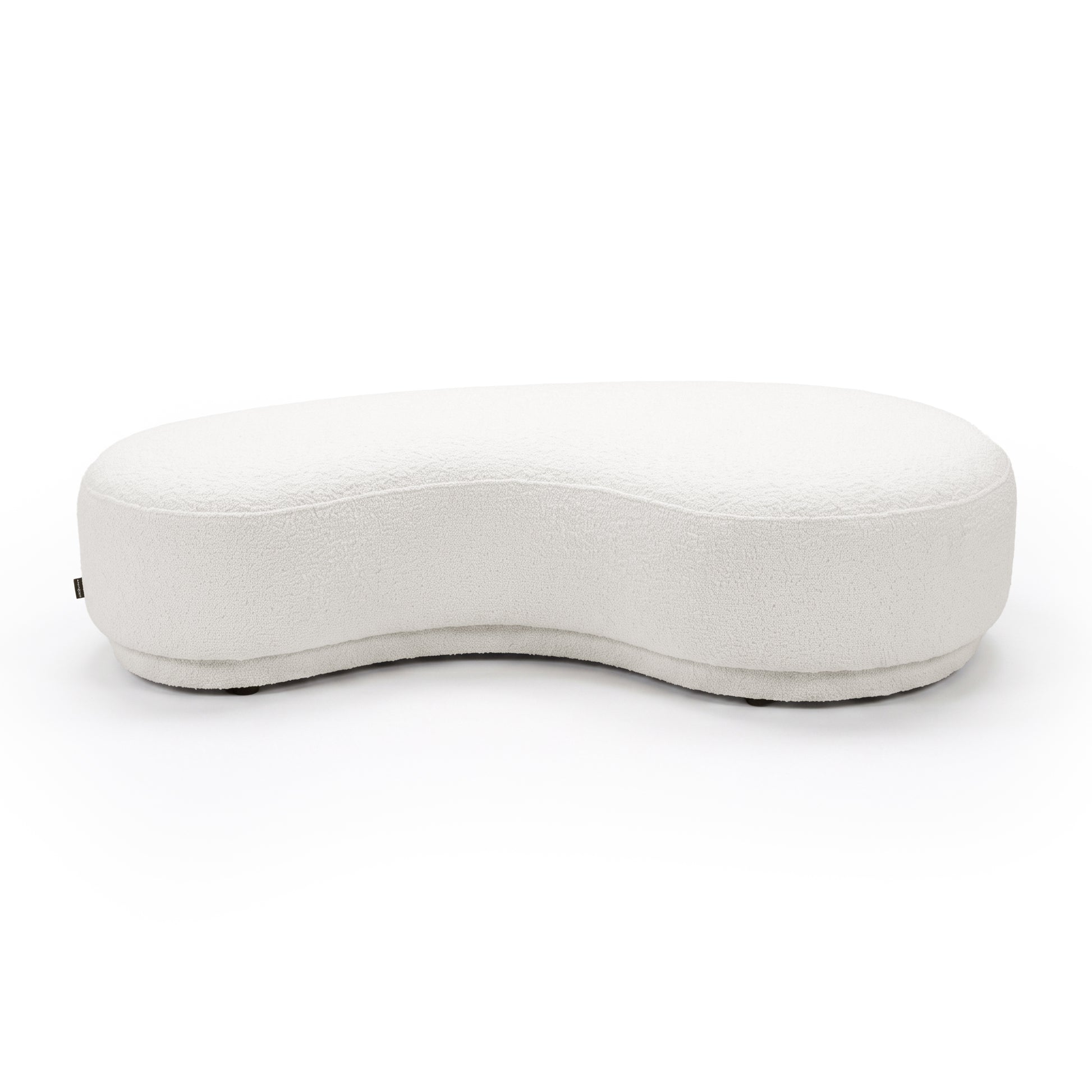 Cream white curved upholstered bench seat on a white background