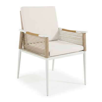 Casara 7 Piece Outdoor Dining Set showcases a sleek design with white, powder-coated metal framing, light-beige cushions, and natural-toned rope armrests, creating a modern, inviting outdoor dining experience.