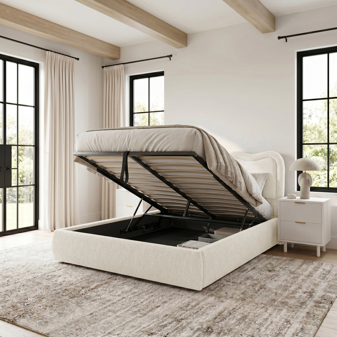 Upholstered storage bed in bedroom lifestyle setting