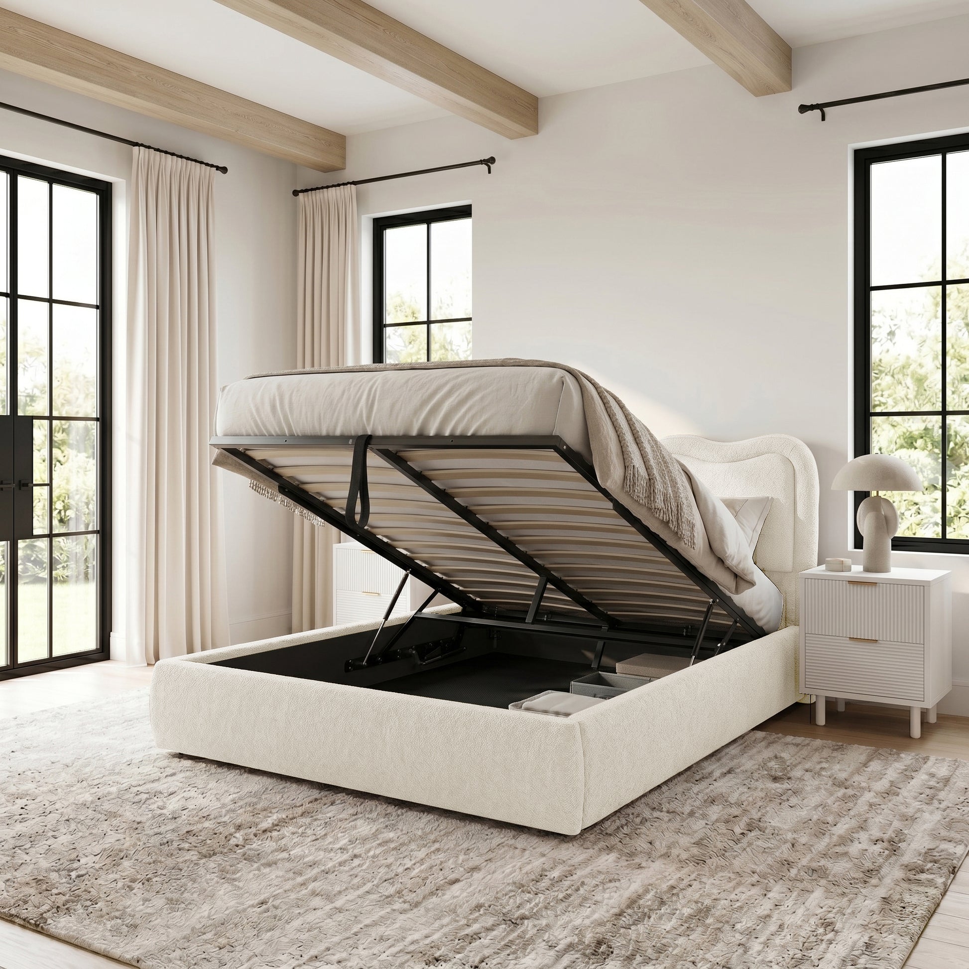 Upholstered storage bed in bedroom lifestyle setting