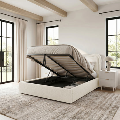 Upholstered storage bed in bedroom lifestyle setting