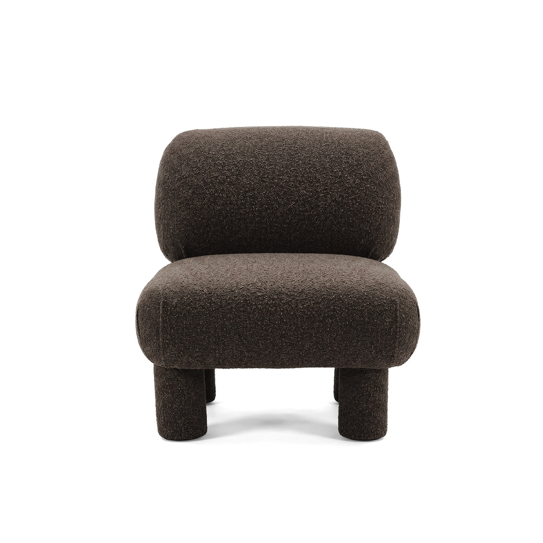 Front view of modern armless dark brown accent chair on white background