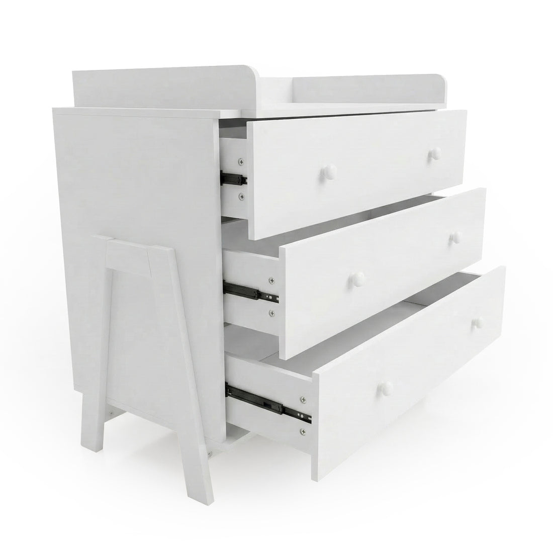 White dresser with three drawers partially open on white background