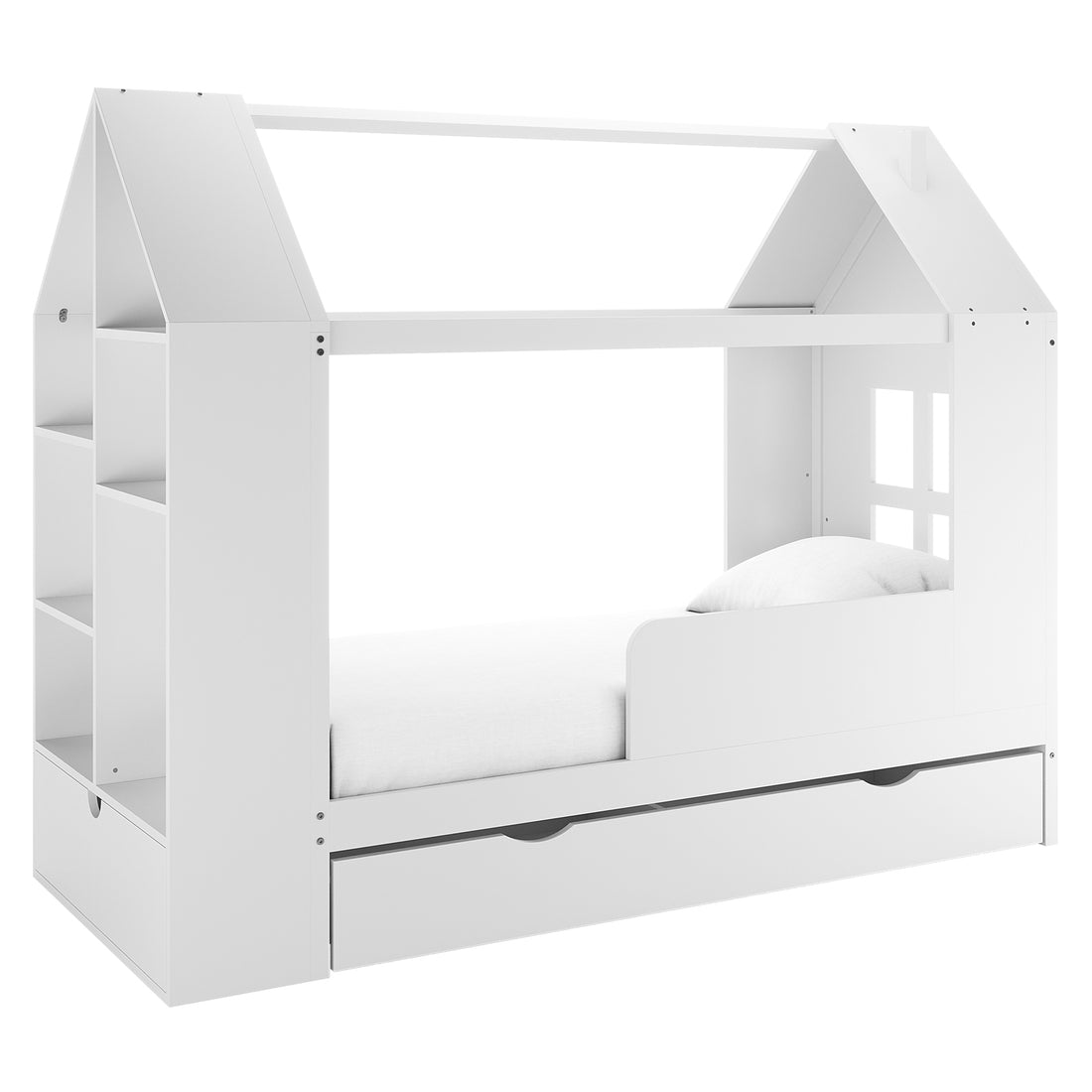 Haron Single Cubby House Bed Storage in White, featuring a house-shaped frame, single mattress platform, partial guardrail, open shelving cubbies, and a pull-out under-bed drawer for storage.