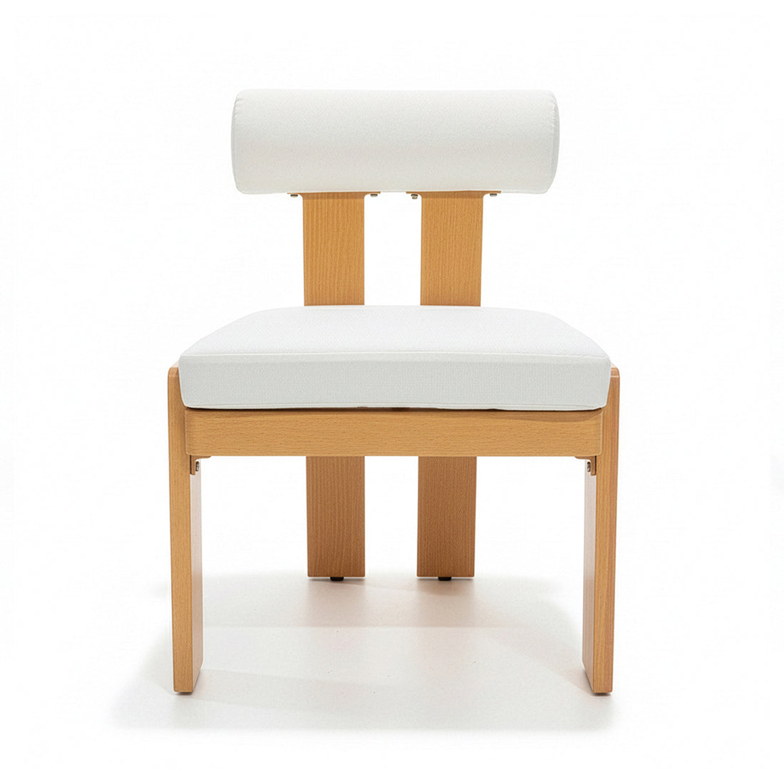 Positano 6 Seater Aluminium Outdoor Dining Set in White features modern-style chairs with light wood frames, white upholstered cushions, and cylindrical backrests, surrounding a spacious aluminium dining table.