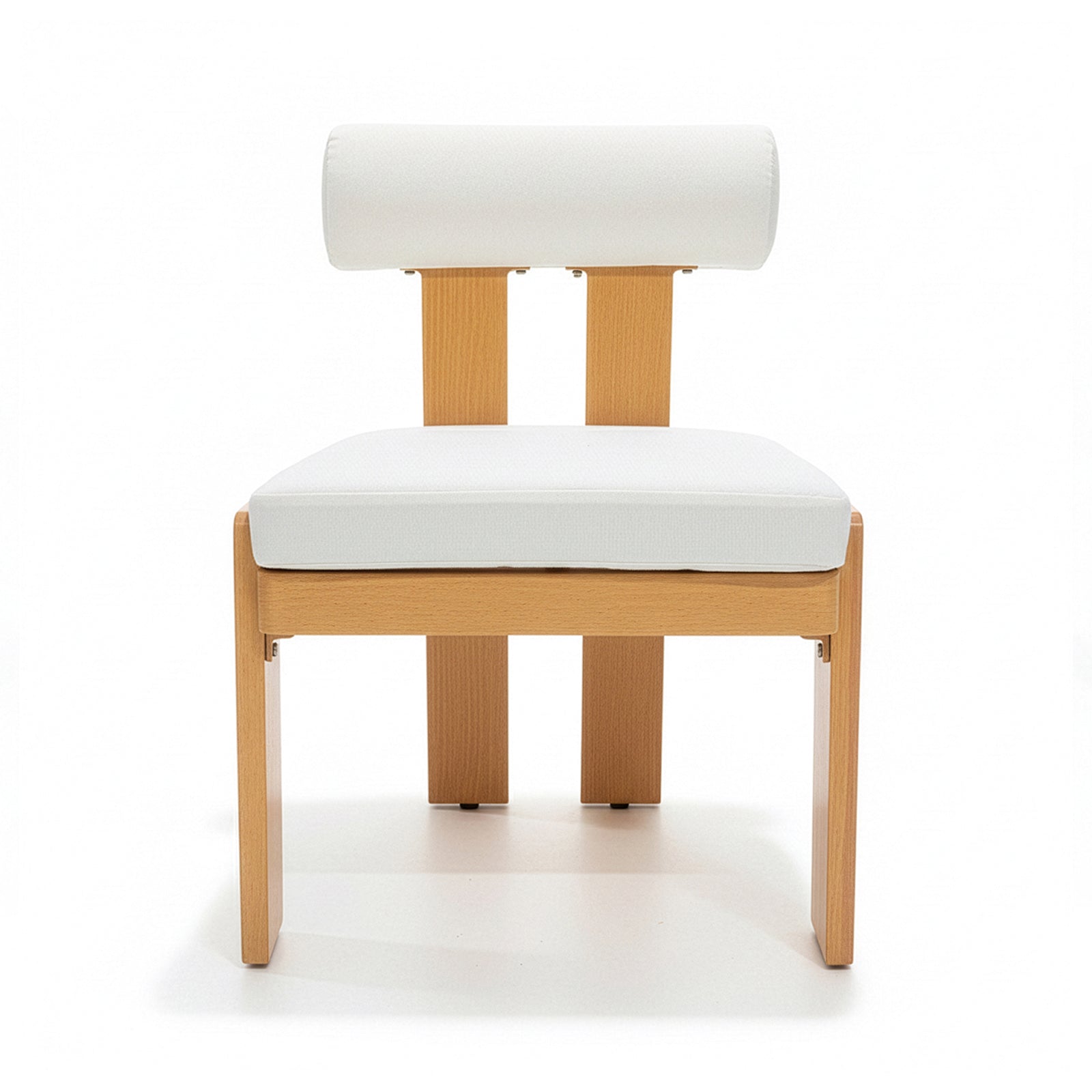 Positano 6 Seater Aluminium Outdoor Dining Set in White features modern-style chairs with light wood frames, white upholstered cushions, and cylindrical backrests, surrounding a spacious aluminium dining table.
