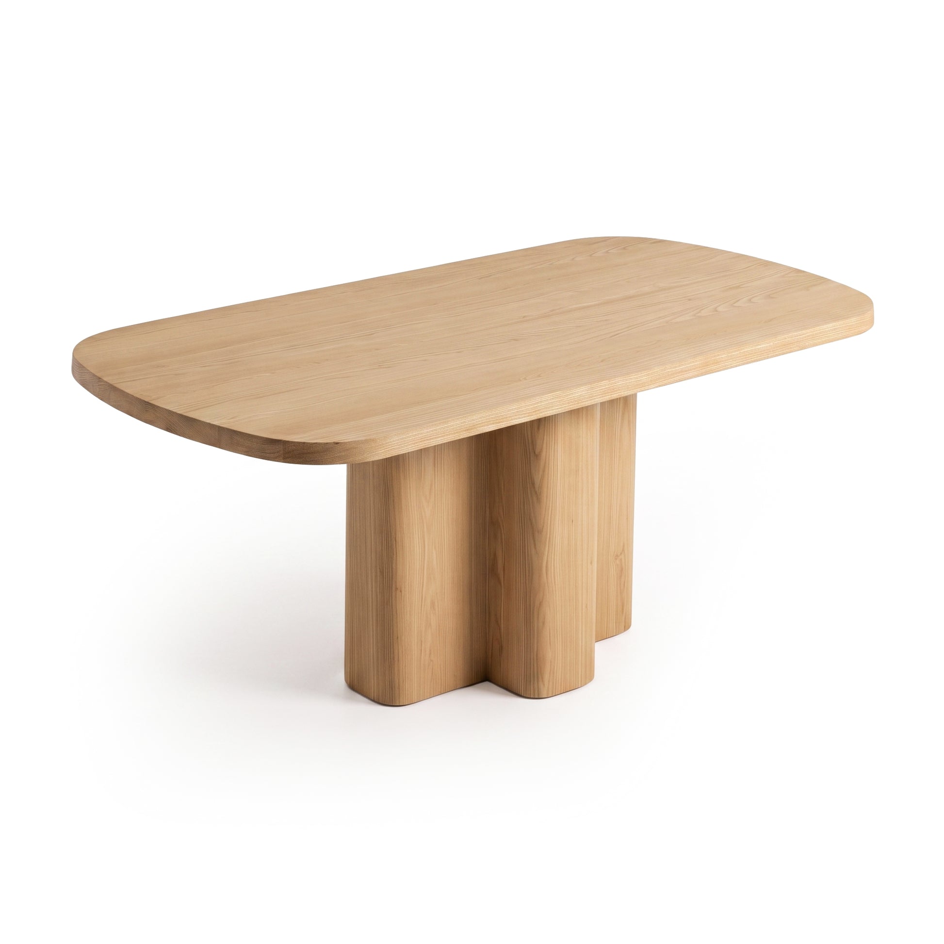 Modern wooden table with rounded rectangular top and cylindrical legs on a white background